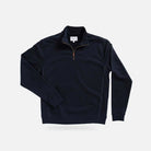Ledbury Navy Quarter Zip – front view, 100% cotton terry cloth with metal zipper and leather pull