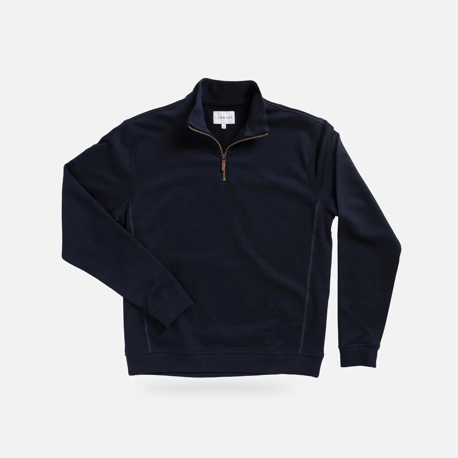 Ledbury Navy Quarter Zip – front view, 100% cotton terry cloth with metal zipper and leather pull