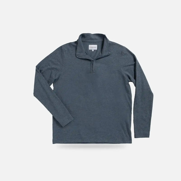 A heather blue long-sleeve quarter-zip pullover with a mock neck collar, displayed flat 