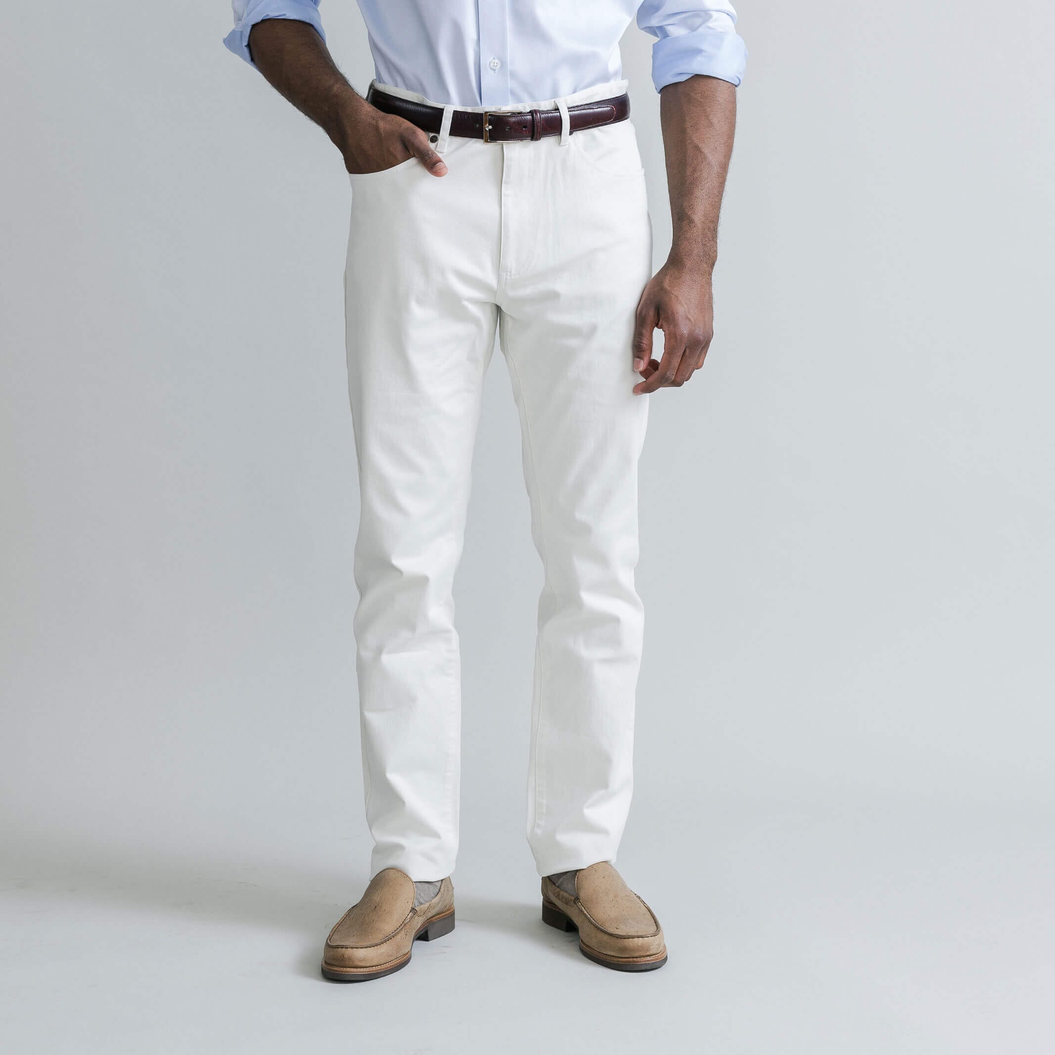Ledbury Natural Stone Franklin 5 Pocket Custom Pant — full front view, made to order in your choice of waist and inseam