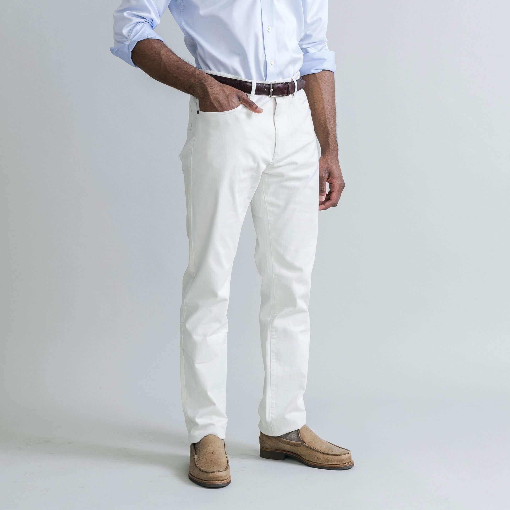 Ledbury Natural Stone Franklin 5 Pocket Custom Pant — side view showing clean lines and tailored silhouette