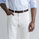Ledbury Natural Stone Franklin 5 Pocket Custom Pant — detail view of fabric and five-pocket styling