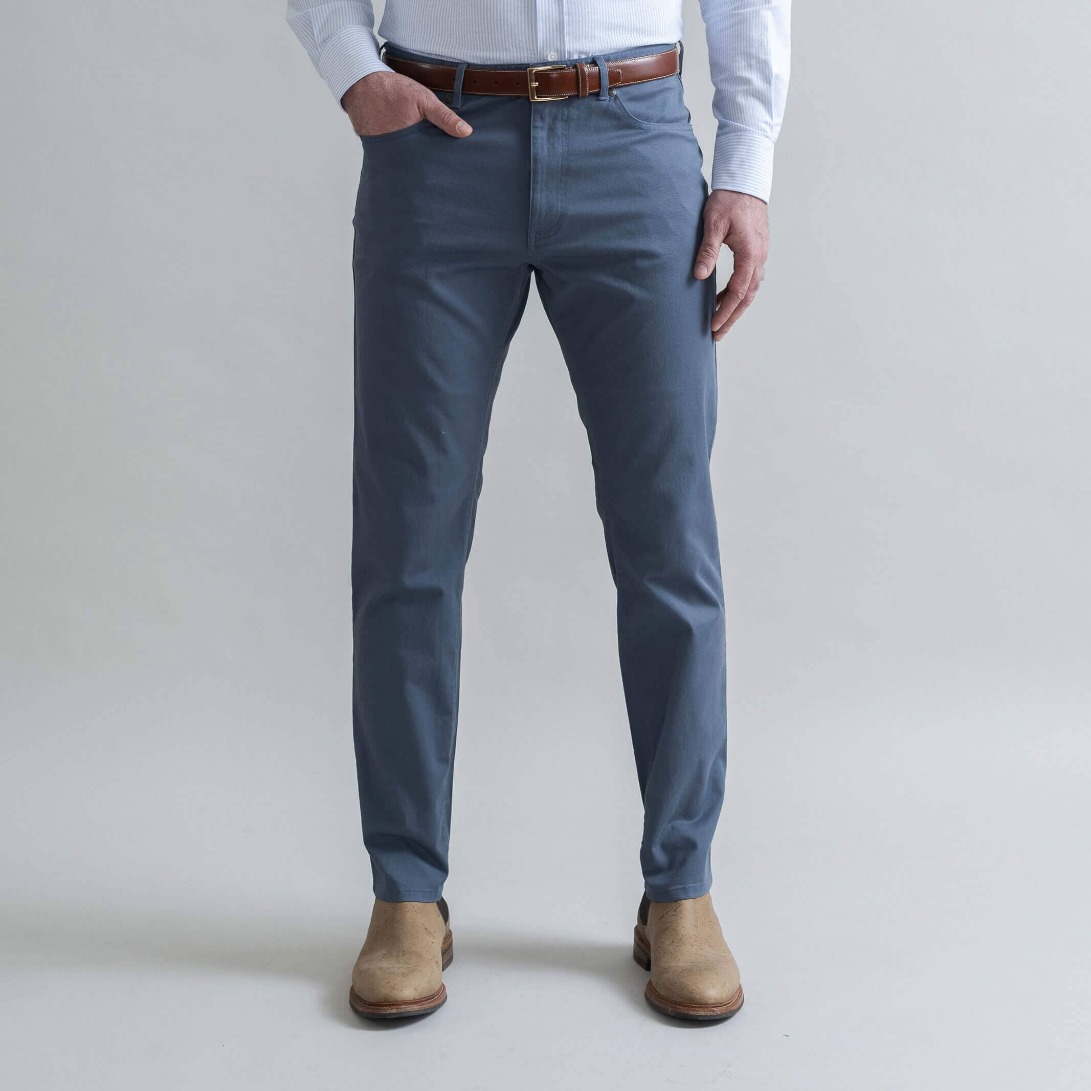 Ledbury Slate Blue Franklin 5 Pocket Custom Pant — full front view, made to order in your choice of fit and inseam