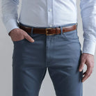 Ledbury Slate Blue Franklin 5 Pocket Custom Pant — detail view of fabric and five-pocket styling