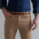 Ledbury Dark Khaki Franklin 5 Pocket Custom Pant — detail view of fabric and five-pocket styling
