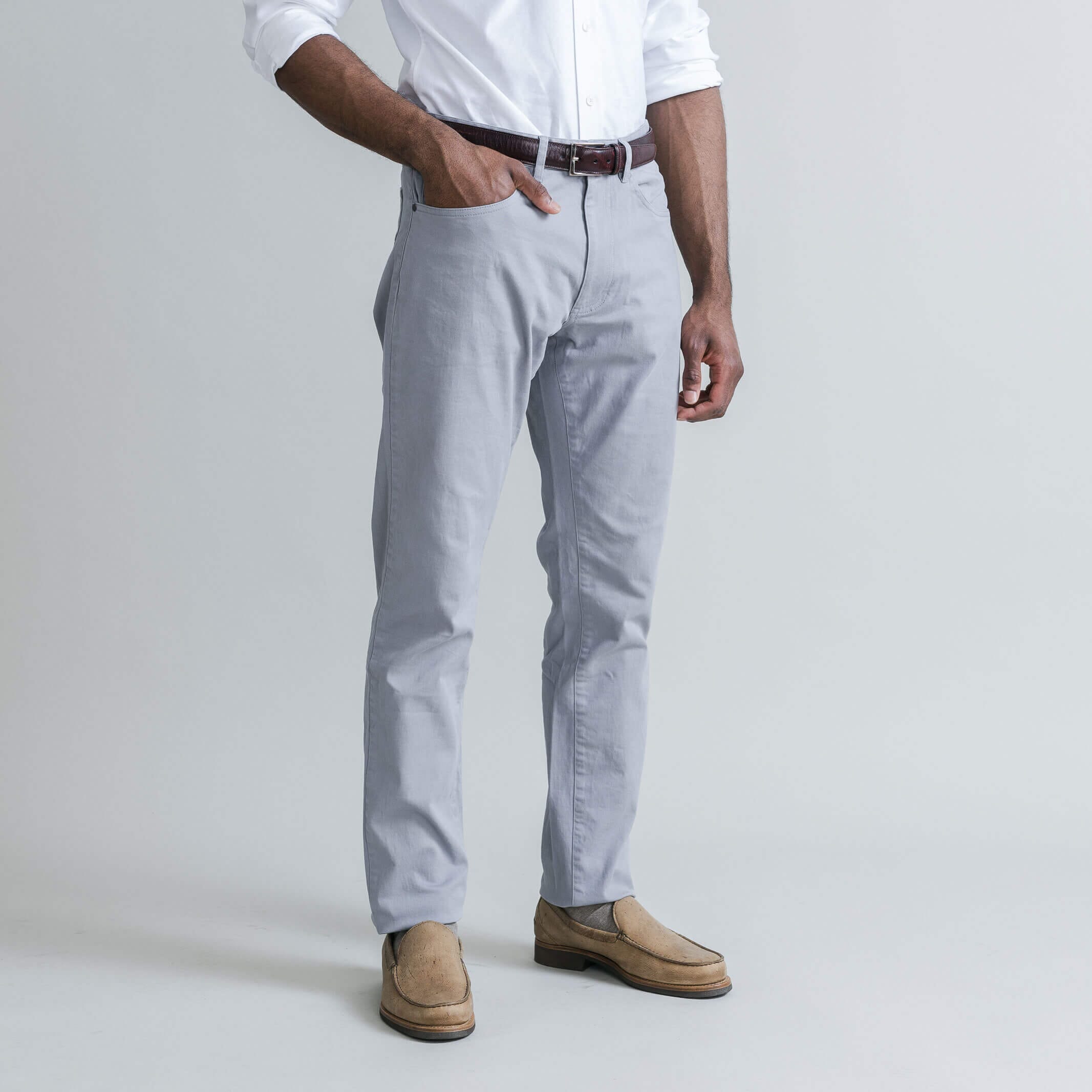 Ledbury Slate Franklin 5 Pocket Custom Pant — side view showing clean lines and tailored silhouette
