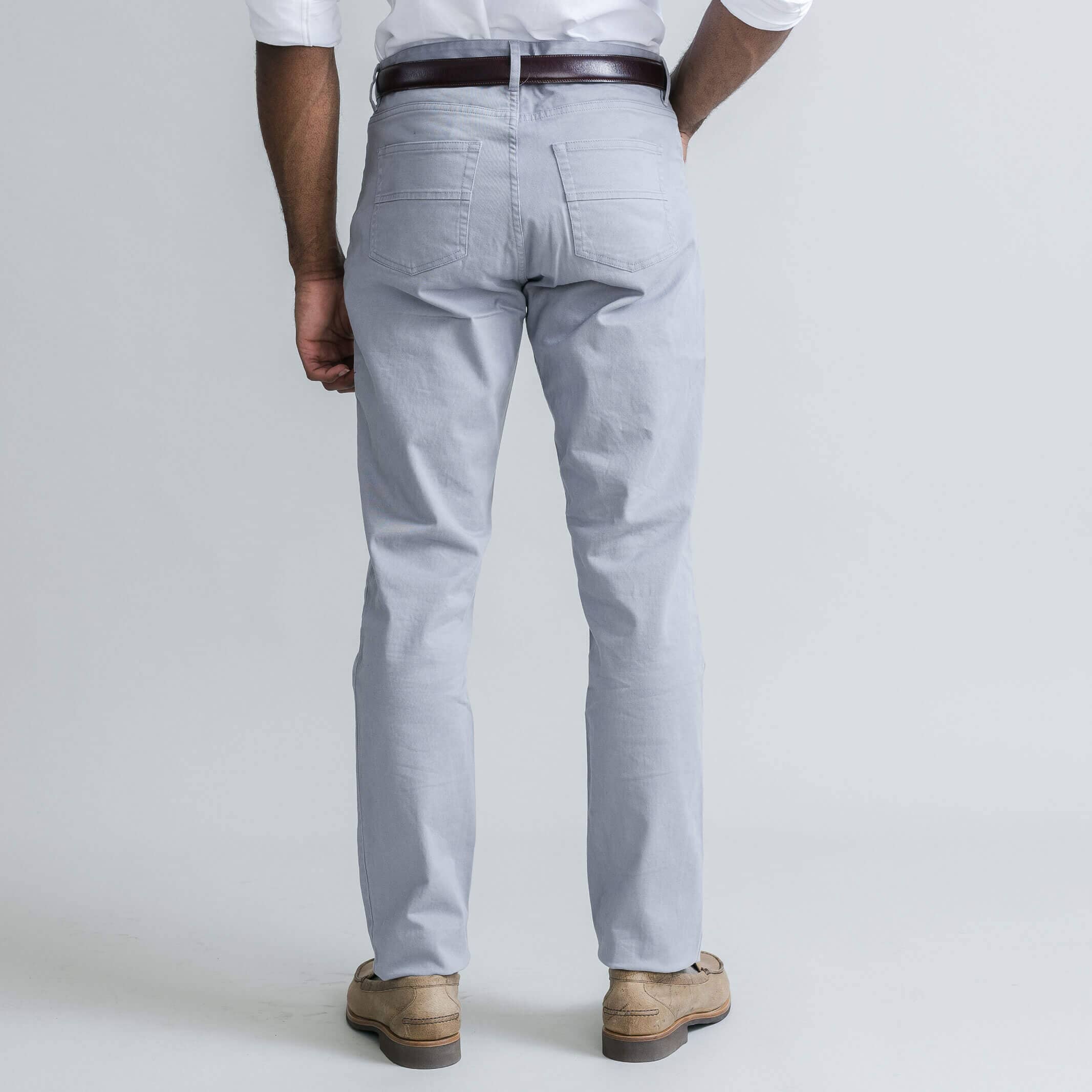 Ledbury Slate Franklin 5 Pocket Custom Pant — detail view of fabric and five-pocket styling