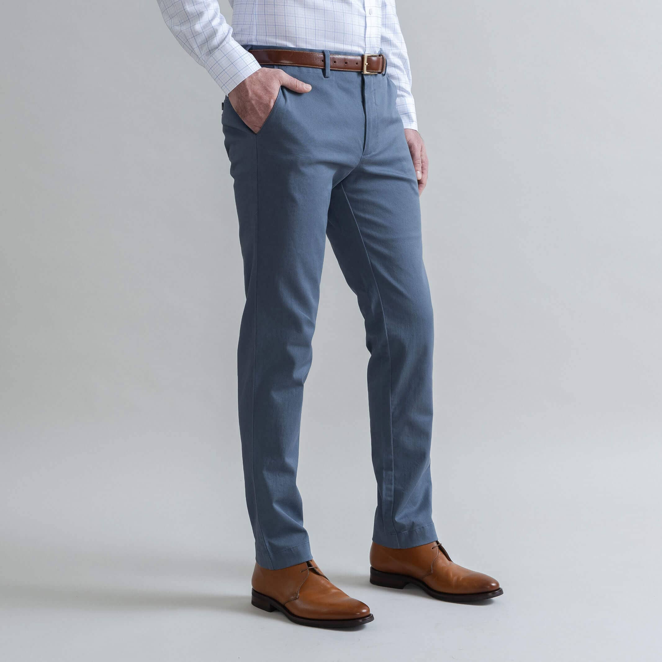 Men's slate blue chino pants close-up - Richmond fit tailored style
