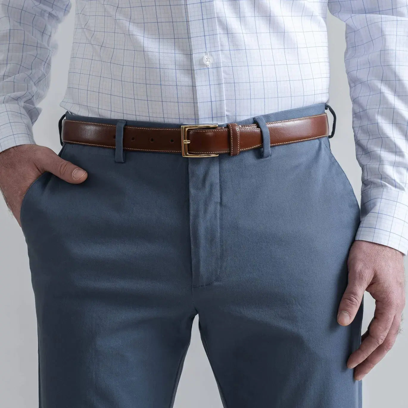 Slate blue chino pants waist and pocket detail - Richmond fit