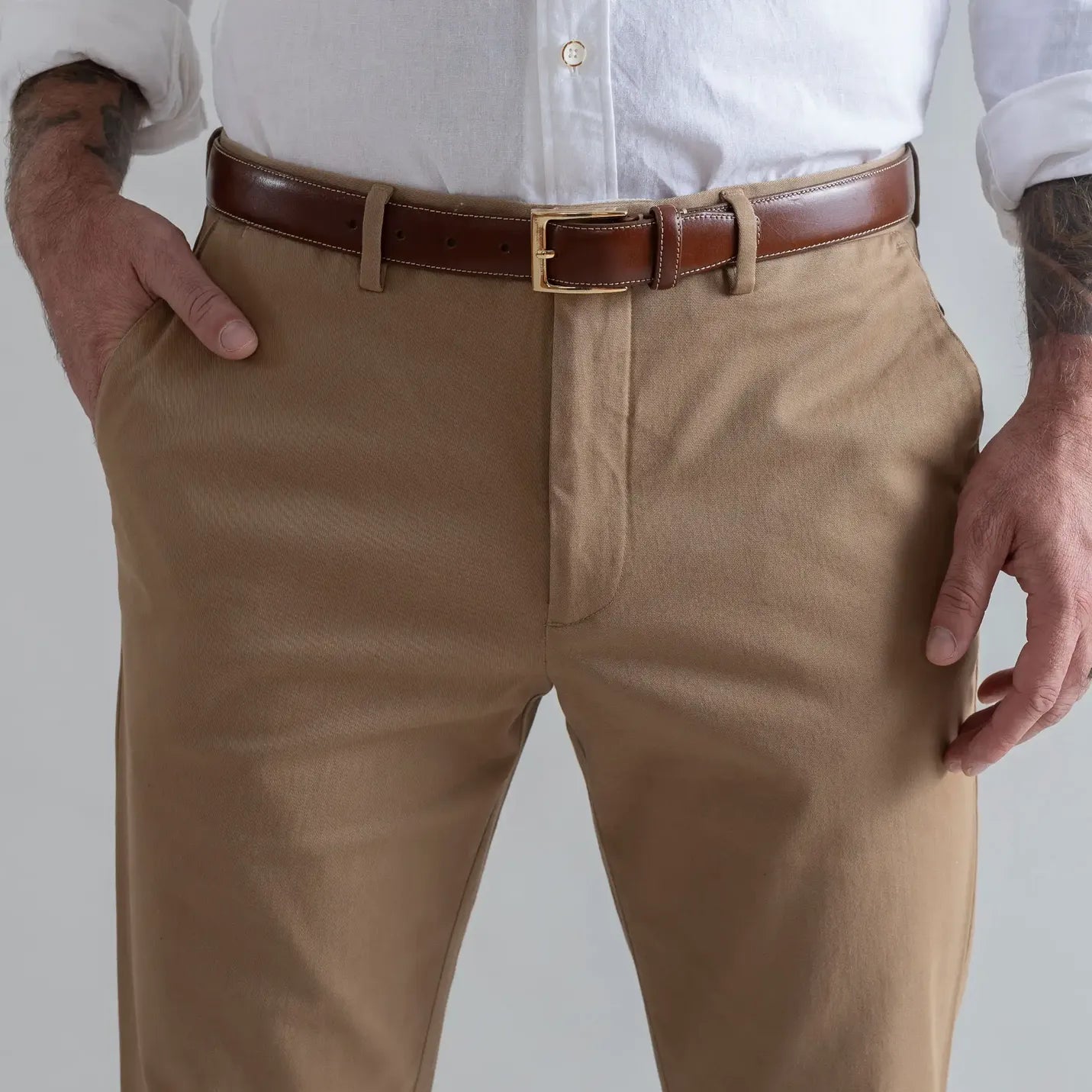 Men's dark khaki chino pants close-up - Richmond fit tailored style