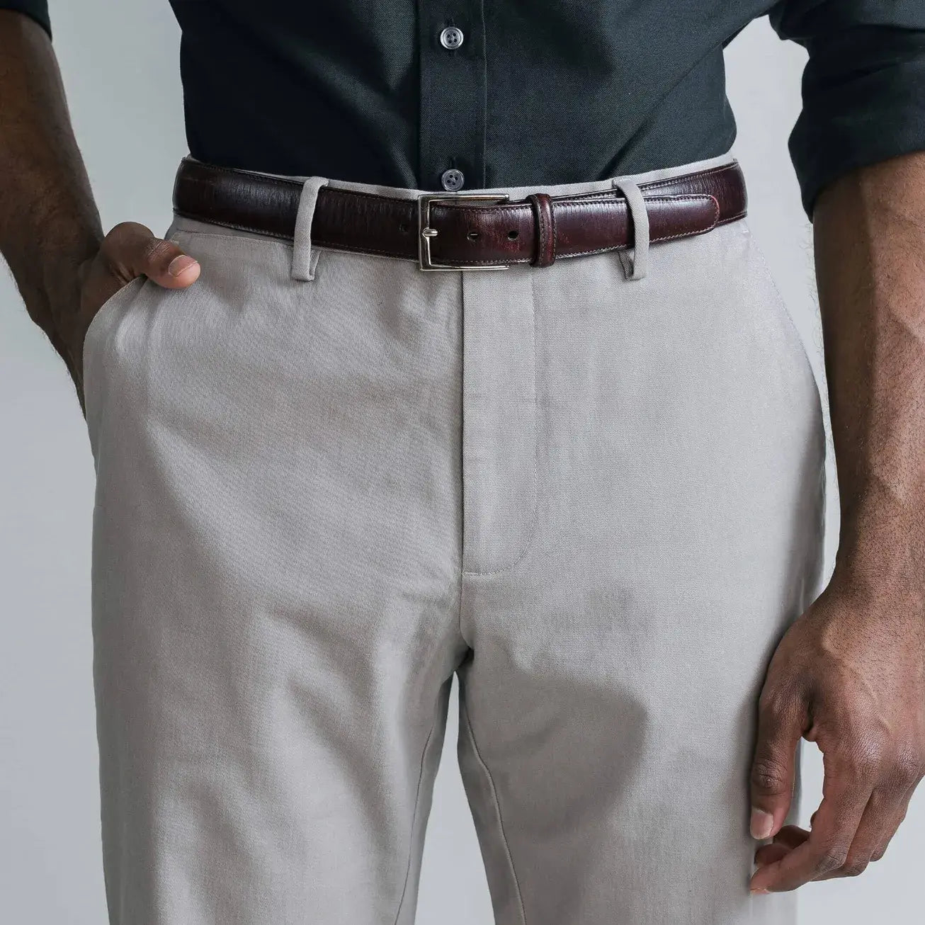 Men's otter chino pants close-up - Richmond fit tailored style