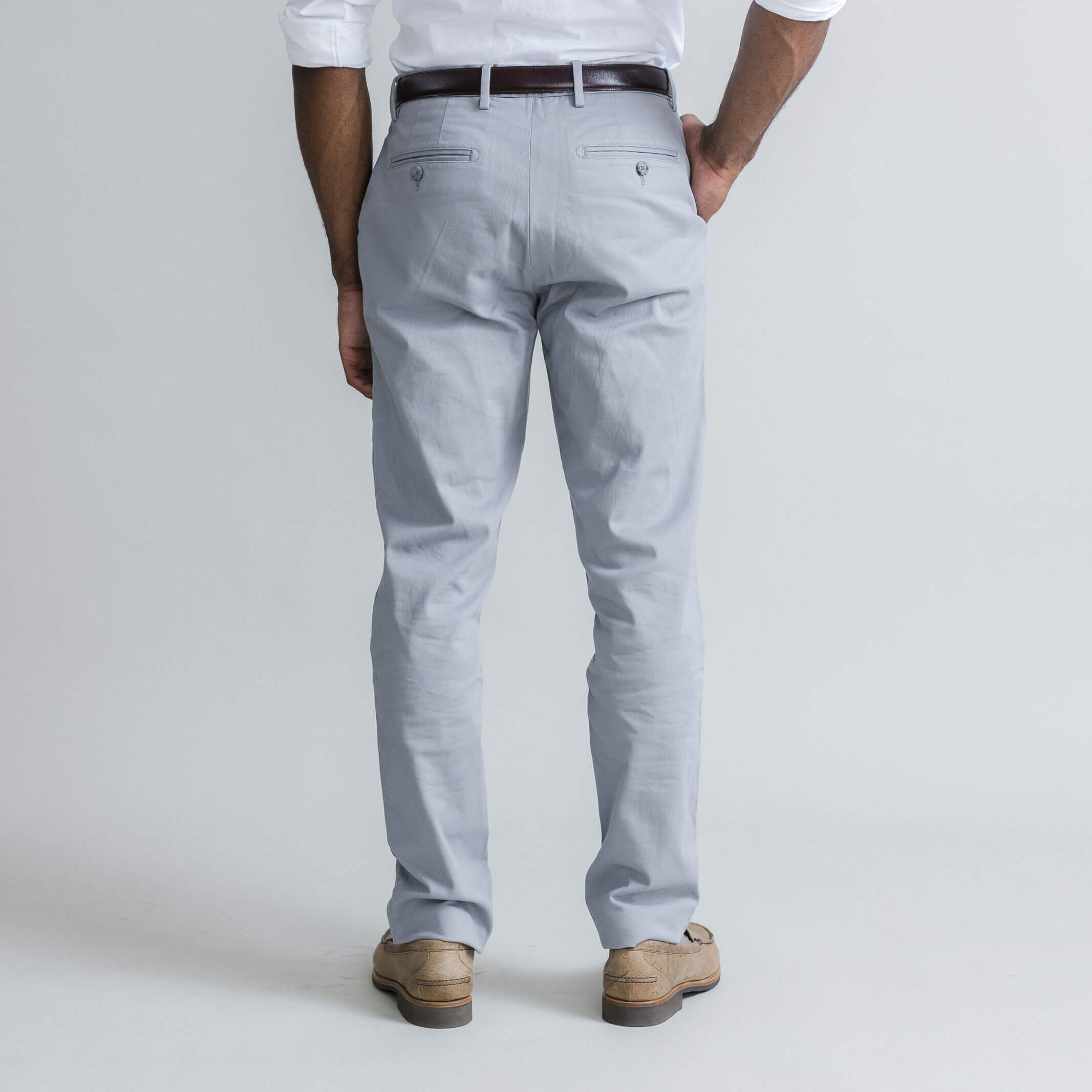 Men's slate grey chino pants close-up - Richmond fit tailored style