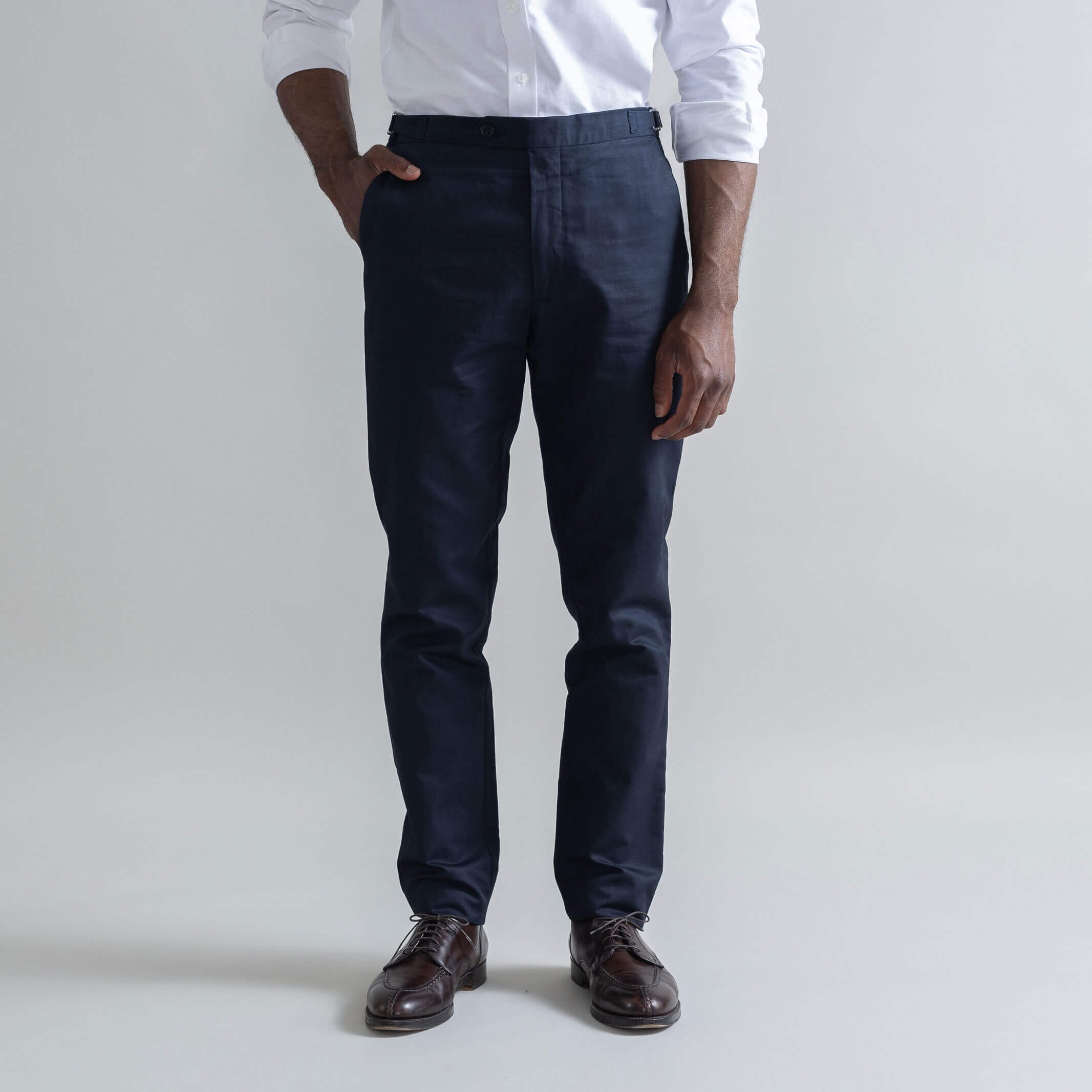 Ledbury Navy All Season Richmond Dress Chino with Side Tabs Custom Pant — full front view, cotton-linen basket weave, made to order in your choice of waist size and inseam