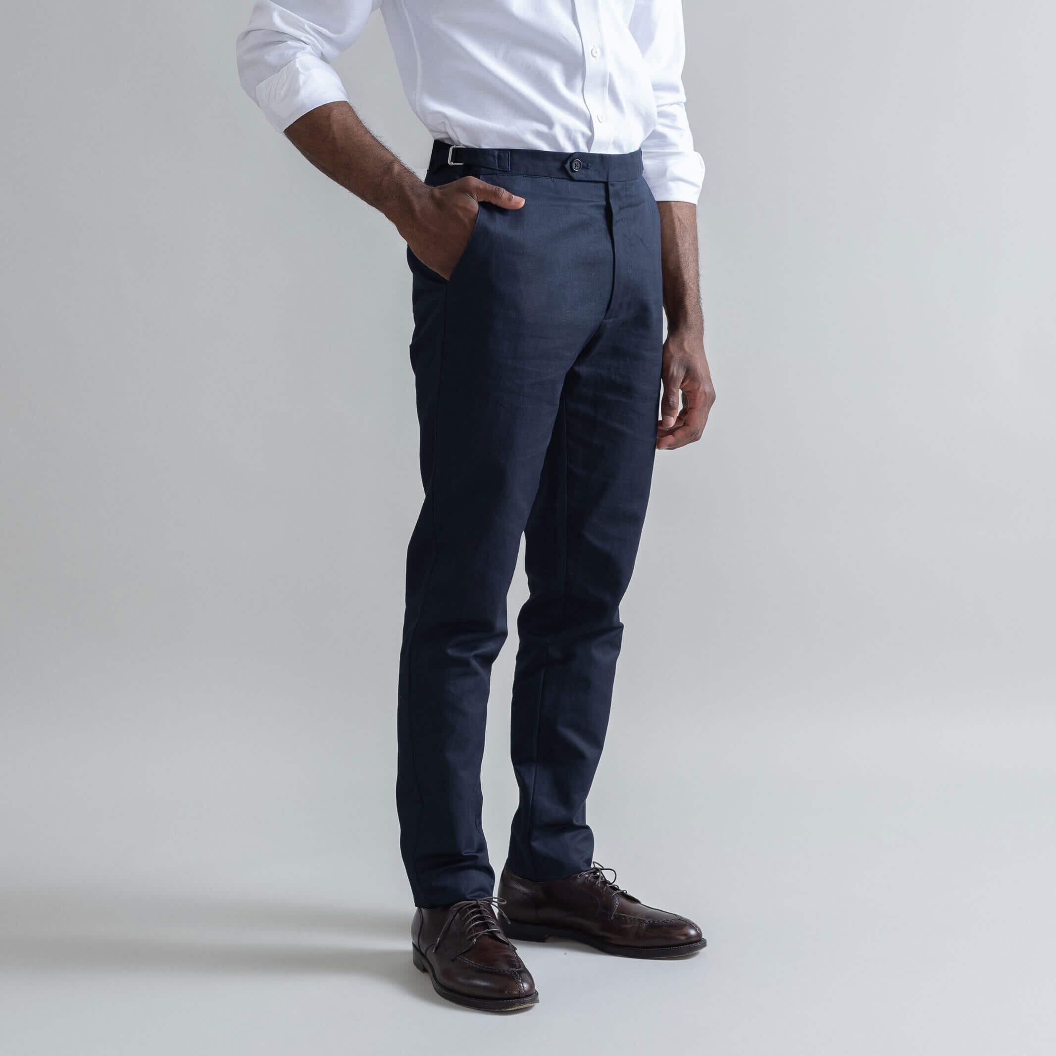 Ledbury Navy All Season Richmond Dress Chino with Side Tabs Custom Pant — side view showing Richmond fit and tailored silhouette