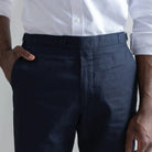 Ledbury Navy All Season Richmond Dress Chino with Side Tabs Custom Pant — close-up of side tab detail for belt-free fit