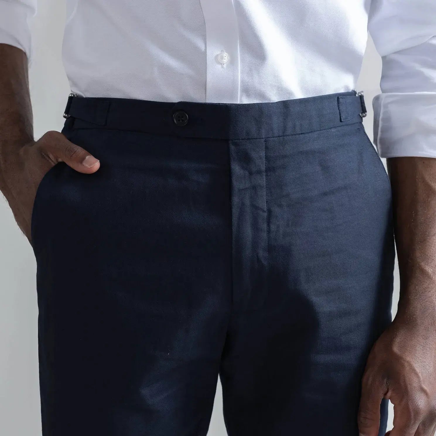 Ledbury Navy All Season Richmond Dress Chino with Side Tabs Custom Pant — close-up of side tab detail for belt-free fit