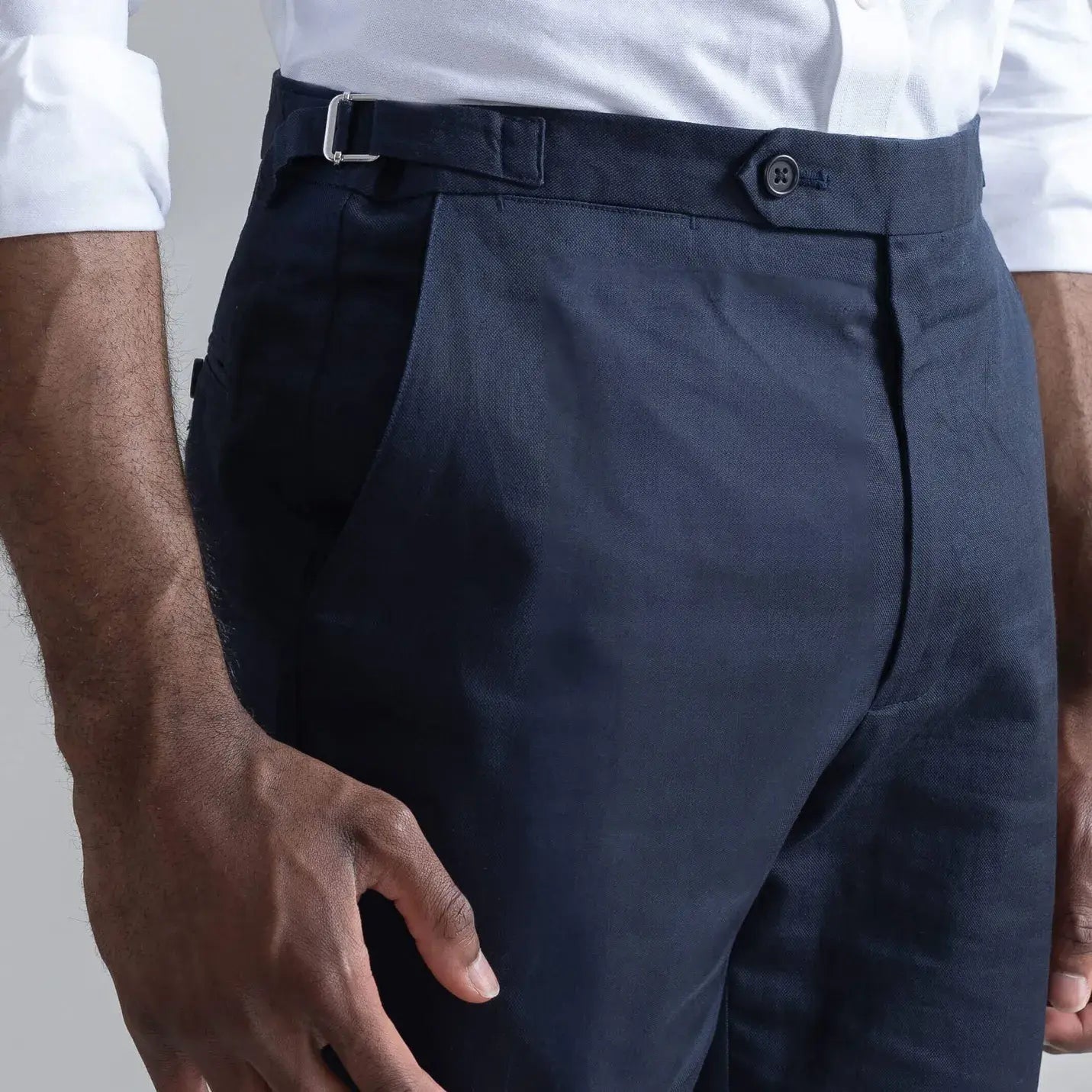 Ledbury Navy All Season Richmond Dress Chino with Side Tabs Custom Pant — close up side view showing side tabs