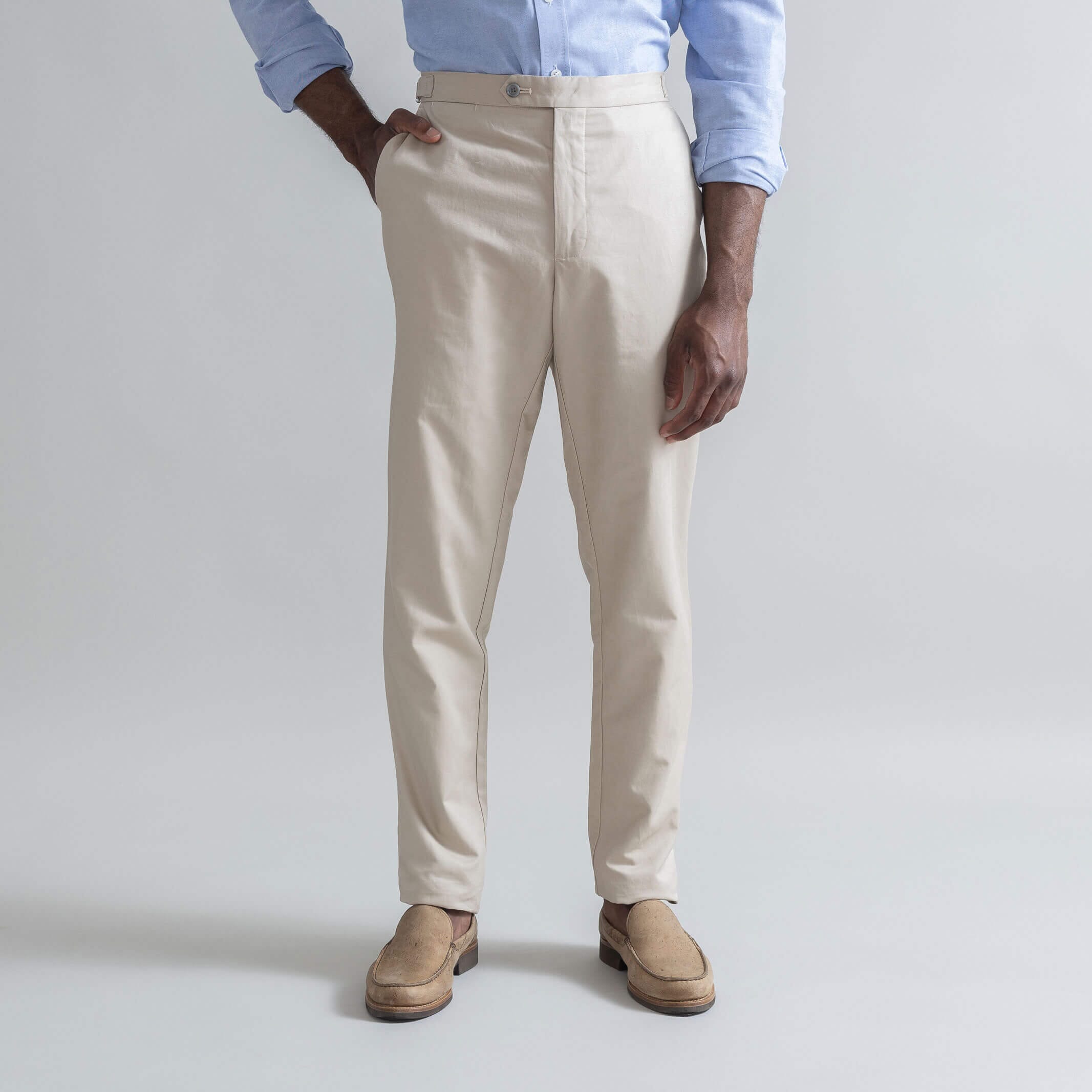 Ledbury Khaki All Season Richmond Dress Chino with Side Tabs Custom Pant — full front view, cotton-linen basket weave, made to order in your choice of waist size and inseam