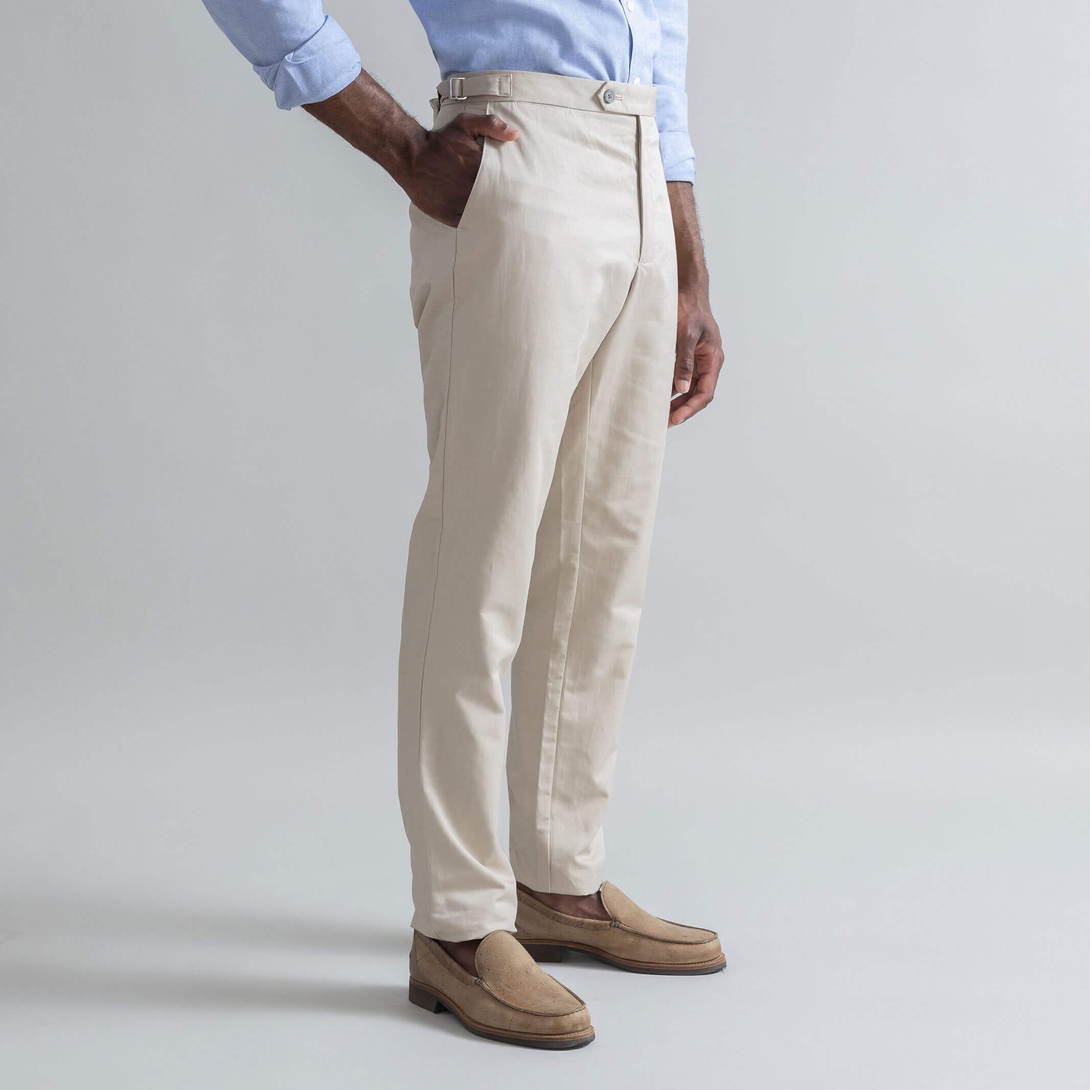 Ledbury Khaki All Season Richmond Dress Chino with Side Tabs Custom Pant — styled outfit view showing polished dress chino look