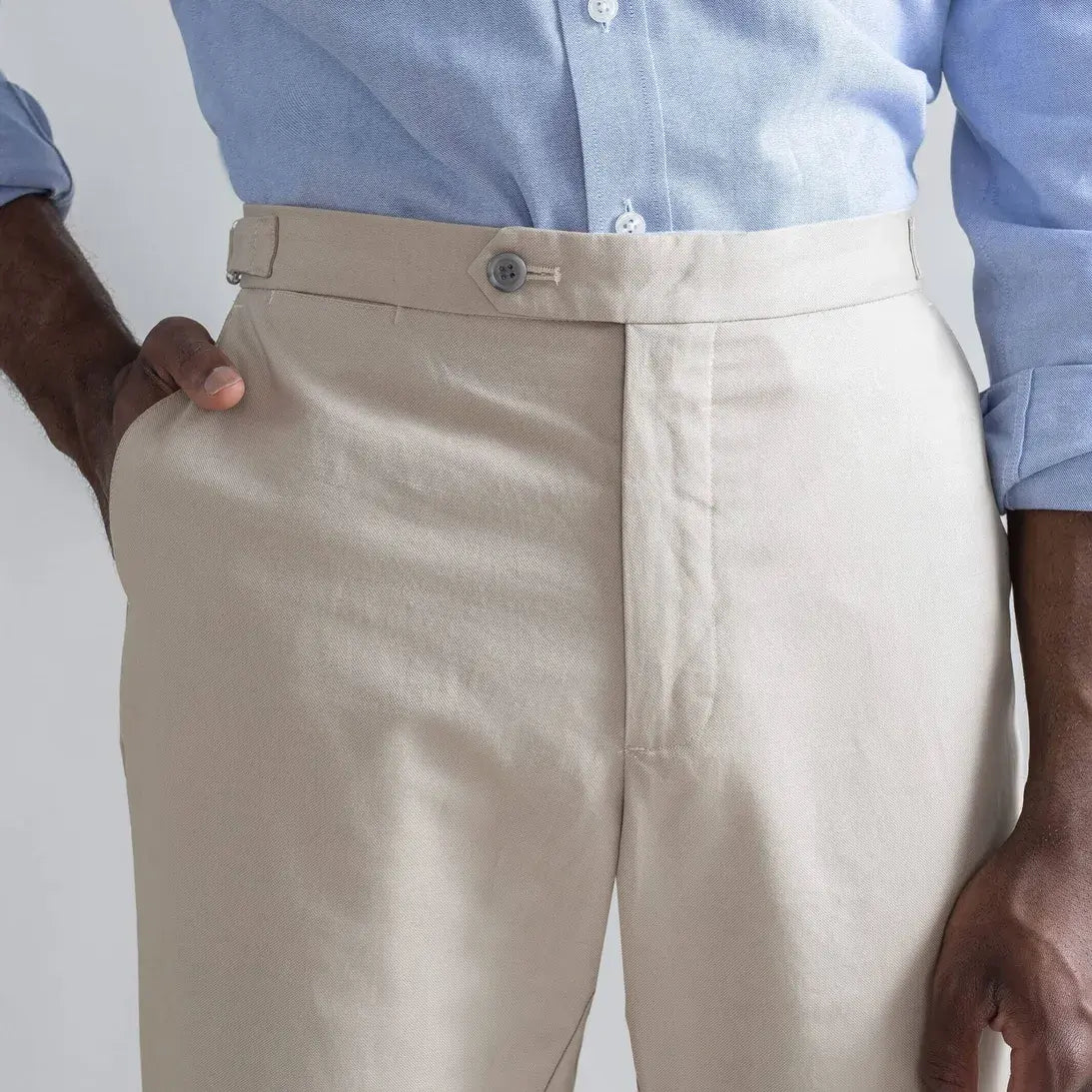Ledbury Khaki All Season Richmond Dress Chino with Side Tabs Custom Pant — close-up of extended tab button closure