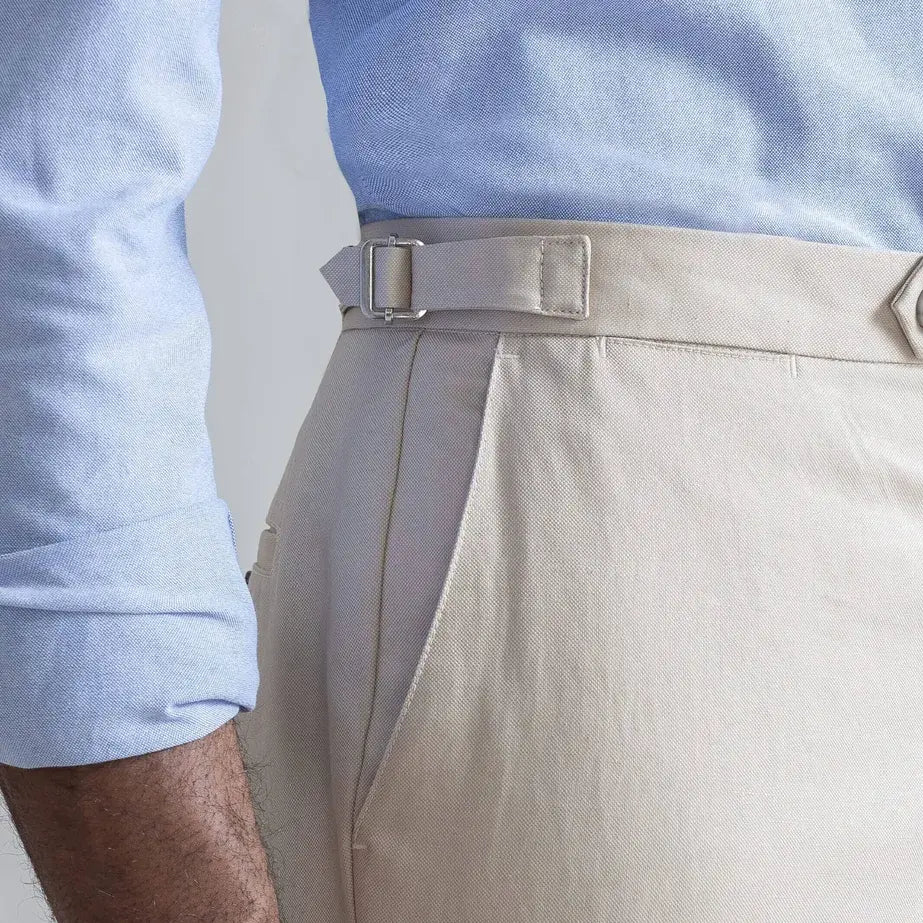 Ledbury Khaki All Season Richmond Dress Chino with Side Tabs Custom Pant  on model — close-up of side tab detail for belt-free fit