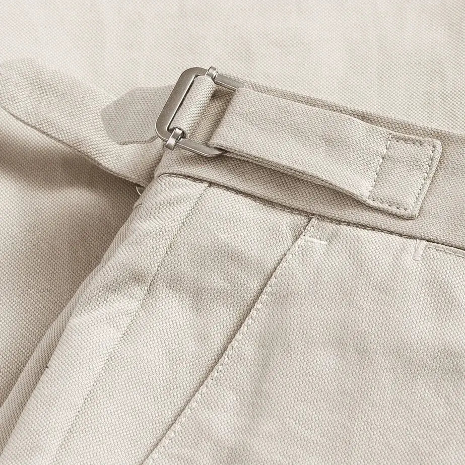 Ledbury Khaki All Season Richmond Dress Chino with Side Tabs Custom Pant — close-up of side tab detail for belt-free fit