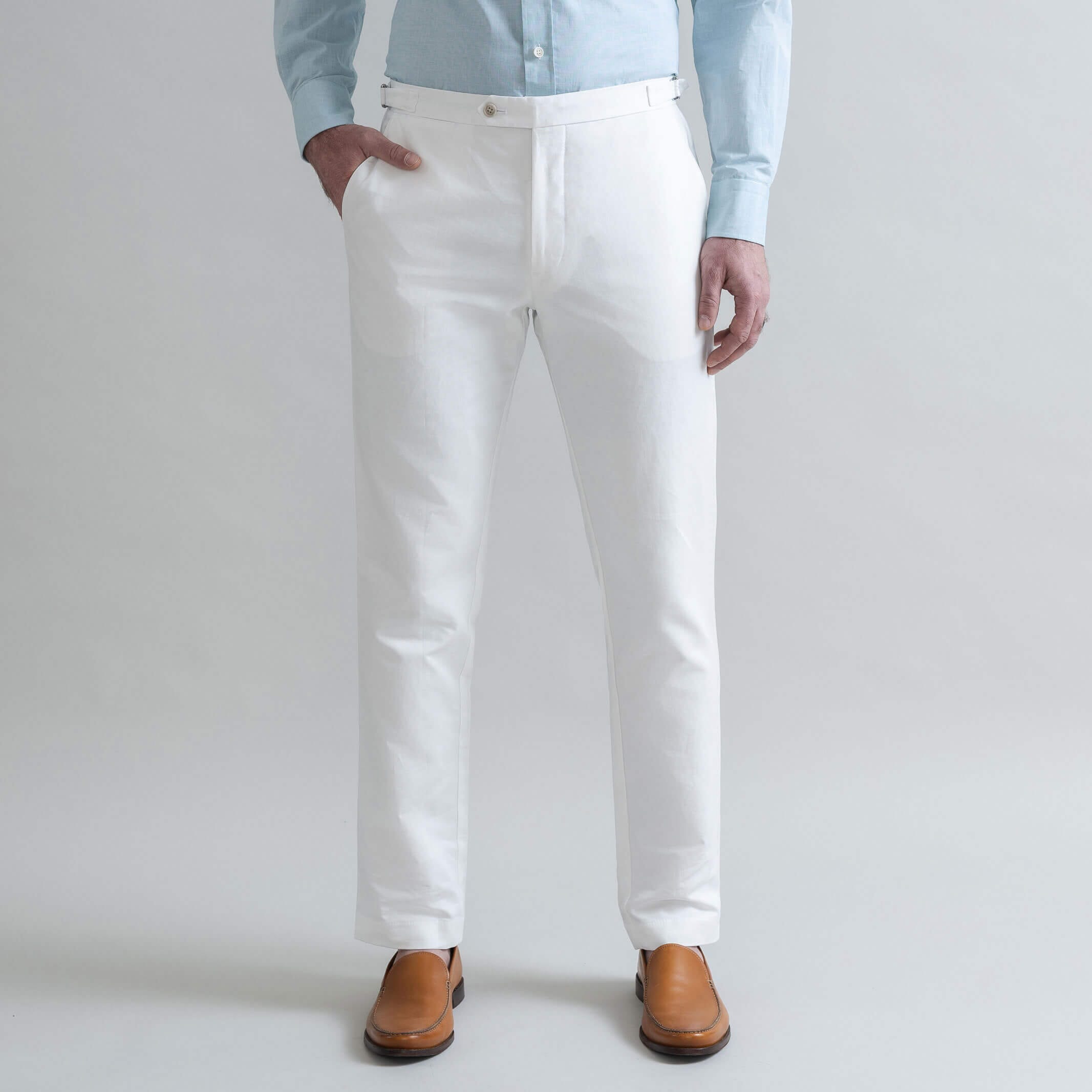 Ledbury Stone All Season Richmond Dress Chino with Side Tabs Custom Pant — full front view, cotton-linen basket weave, made to order in your choice of waist size and inseam