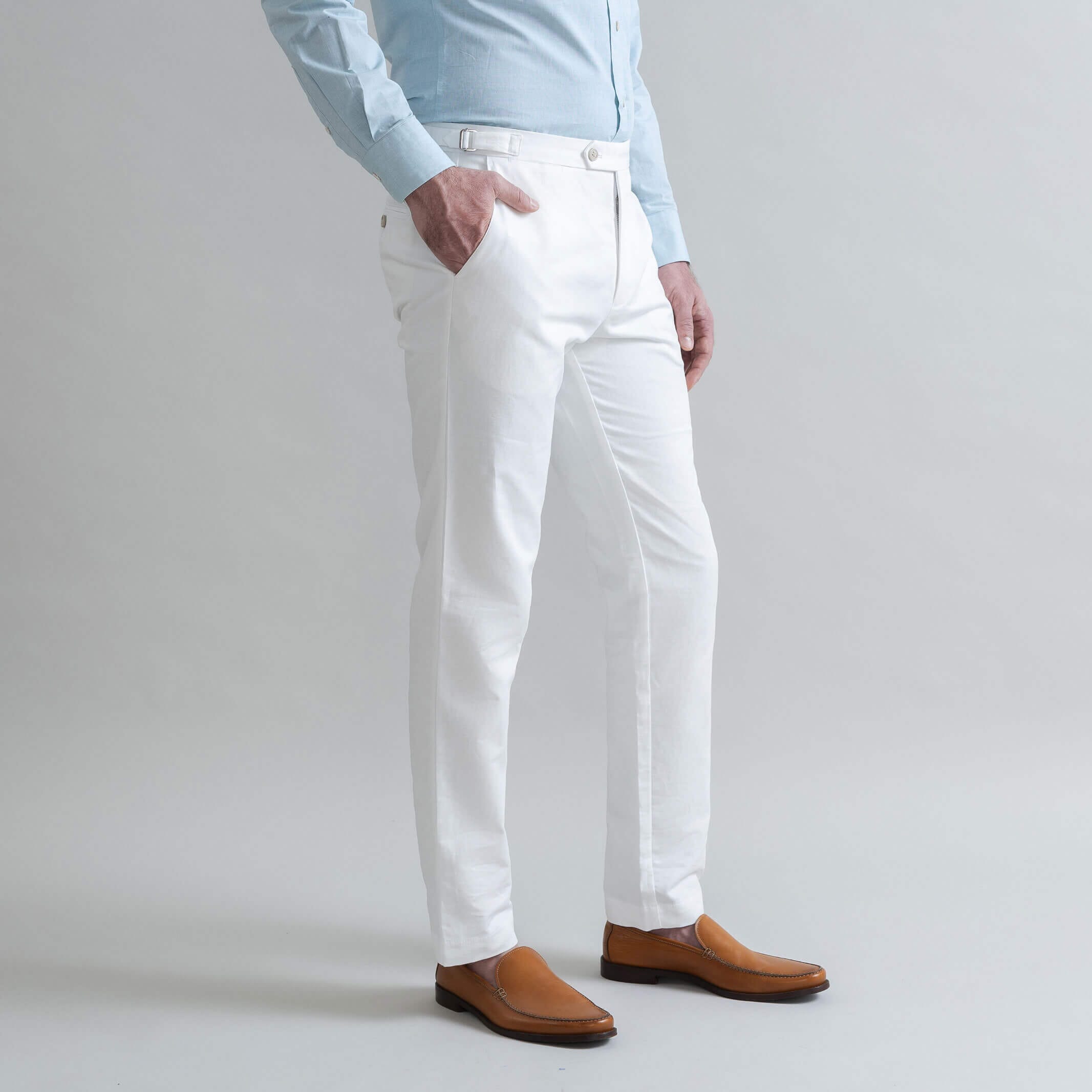 Ledbury Stone All Season Richmond Dress Chino with Side Tabs Custom Pant — side view showing Richmond fit and tailored silhouette