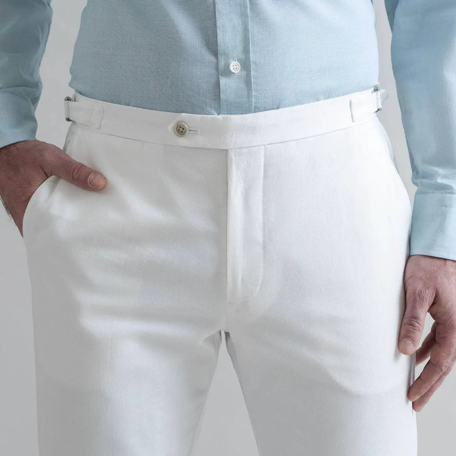 Ledbury Stone All Season Richmond Dress Chino with Side Tabs Custom Pant — front view showing extended front button closure detail