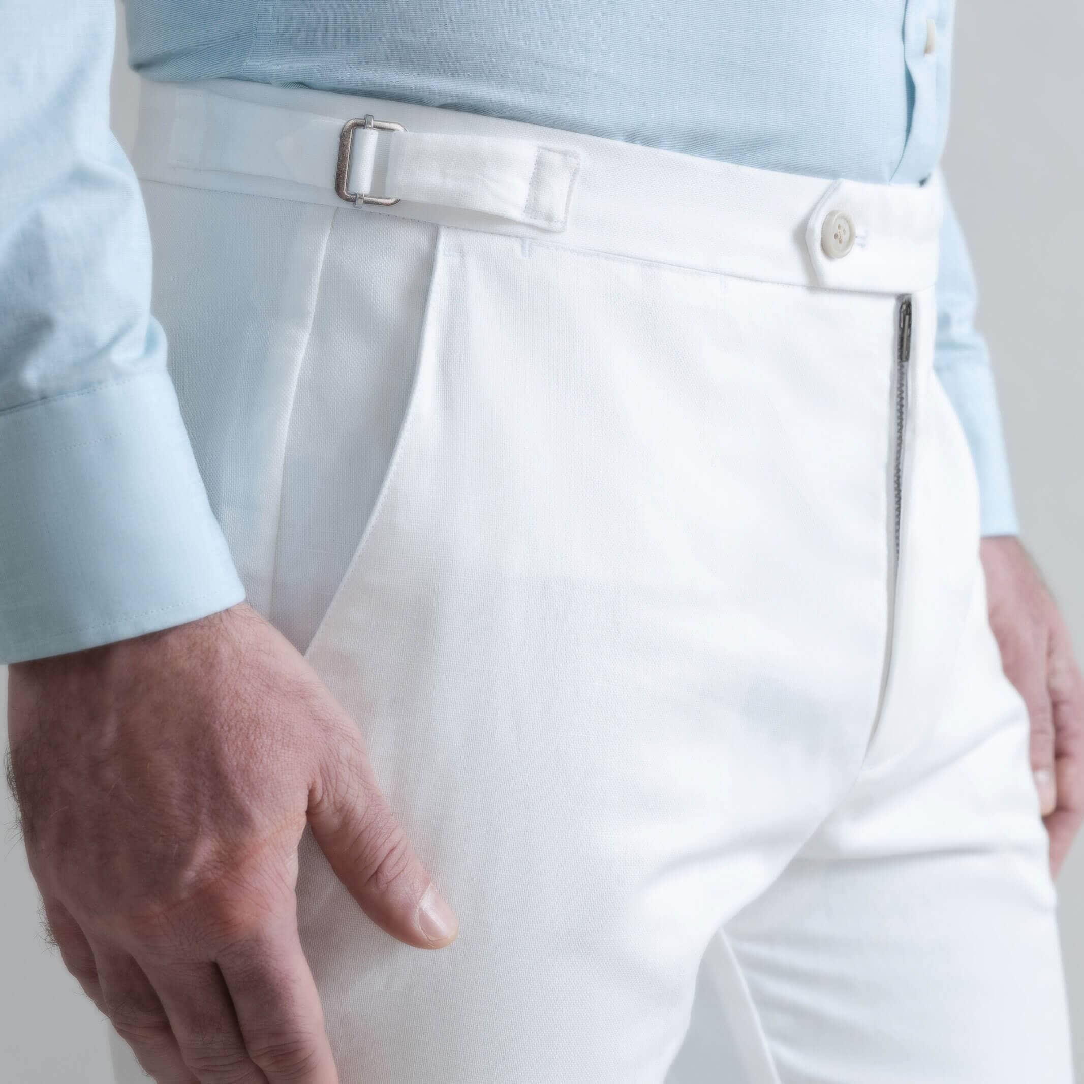 Ledbury Stone All Season Richmond Dress Chino with Side Tabs Custom Pant — close-up of side tab detail for belt-free fit