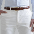 Ledbury Stone All Season Richmond Dress Chino Custom Pant — front view showing extended front button closure detail