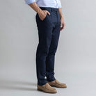 Ledbury Navy All Season Richmond Dress Chino Custom Pant — side view showing Richmond fit and tailored silhouette