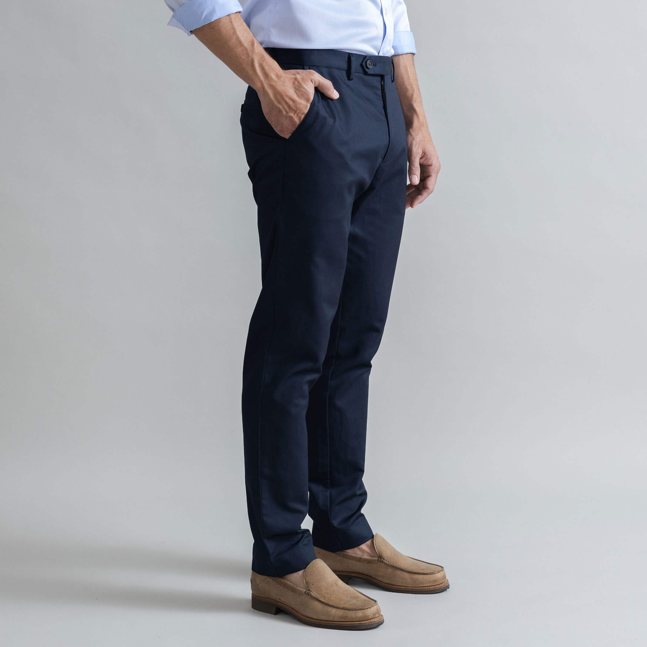 Ledbury Navy All Season Richmond Dress Chino Custom Pant — side view showing Richmond fit and tailored silhouette