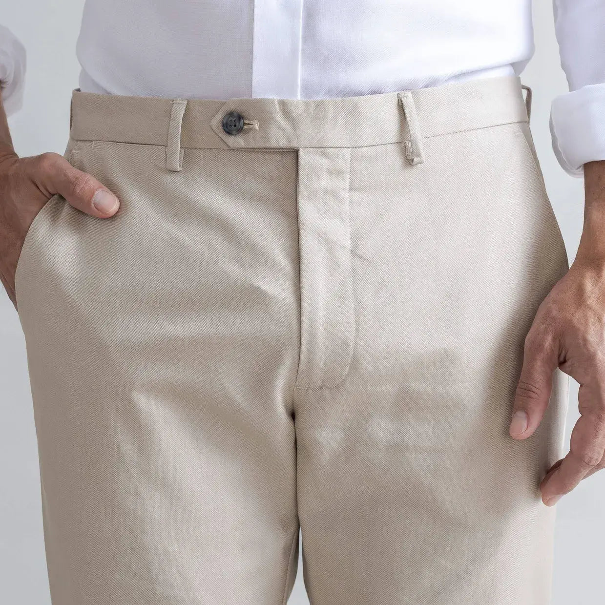Ledbury Khaki All Season Richmond Dress Chino Custom Pant — front view showing extended front button closure detail