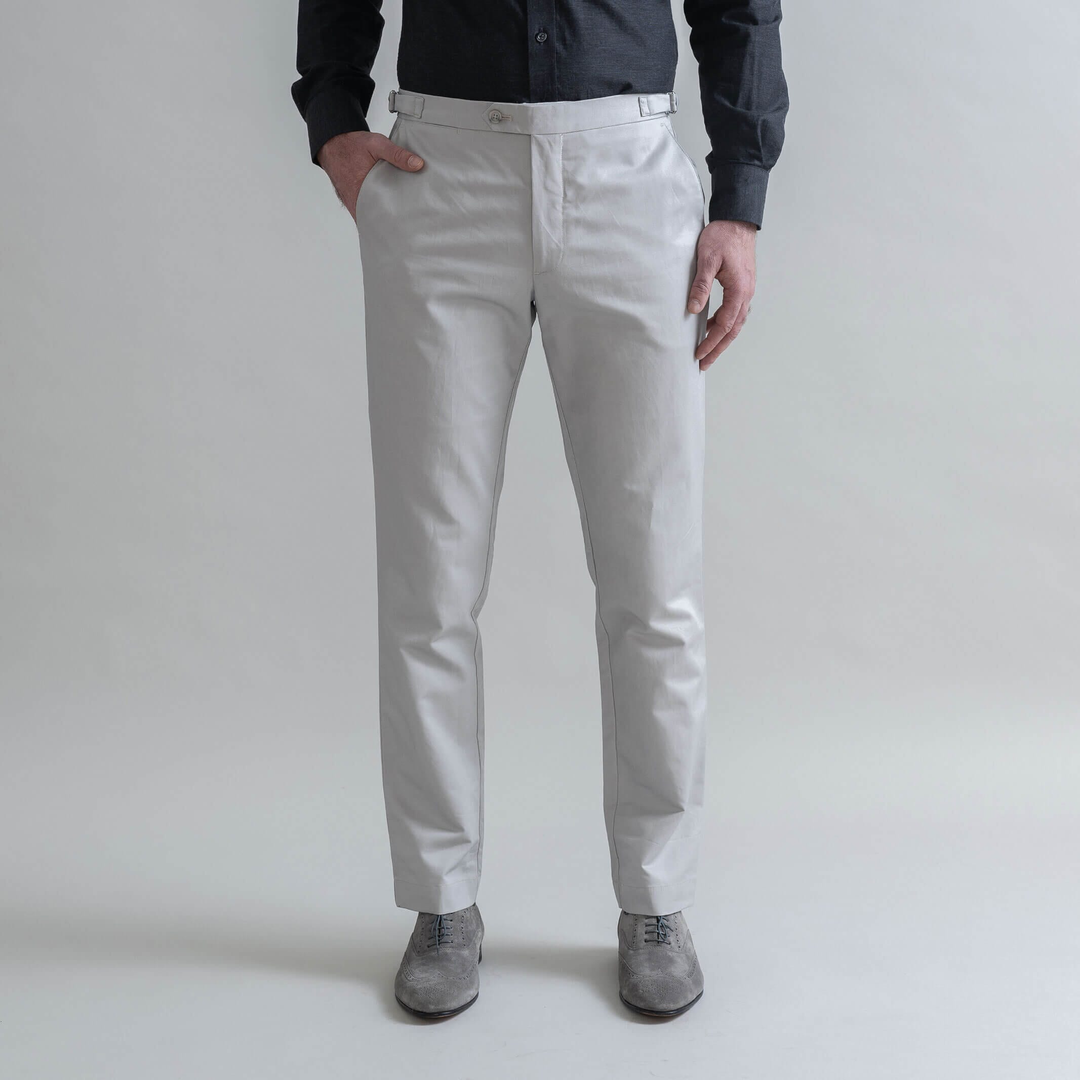 Ledbury Light Grey All Season Richmond Dress Chino with Side Tabs Custom Pant — full front view, cotton-linen basket weave, made to order in your choice of waist size and inseam