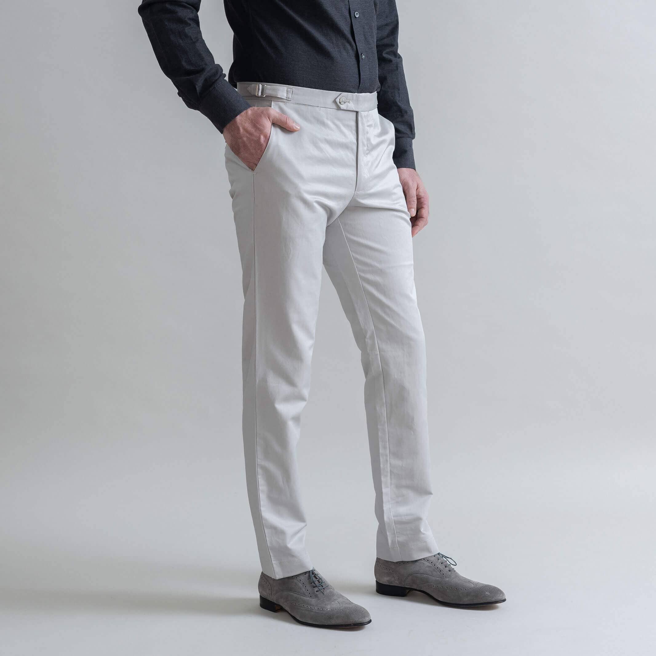 Ledbury Light Grey All Season Richmond Dress Chino with Side Tabs Custom Pant — side view showing Richmond fit and tailored silhouette