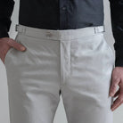 Ledbury Light Grey All Season Richmond Dress Chino with Side Tabs Custom Pant — front detail view showing extended front button closure detail