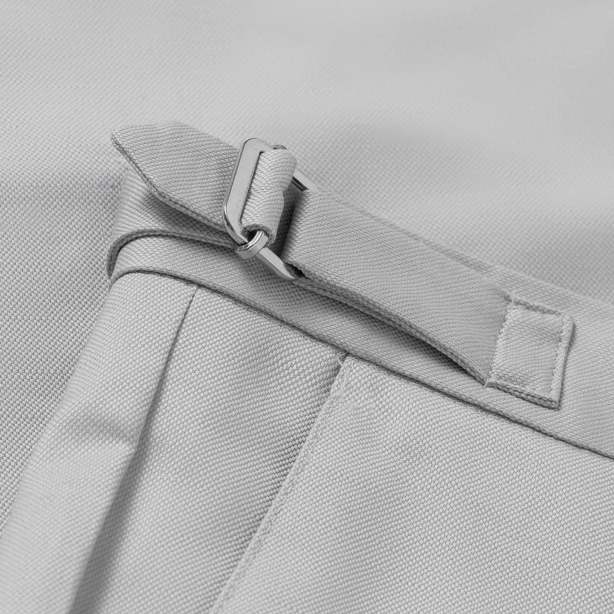 Ledbury Light Grey All Season Richmond Dress Chino with Side Tabs Custom Pant — close-up of cotton-linen basket weave fabric with light striations