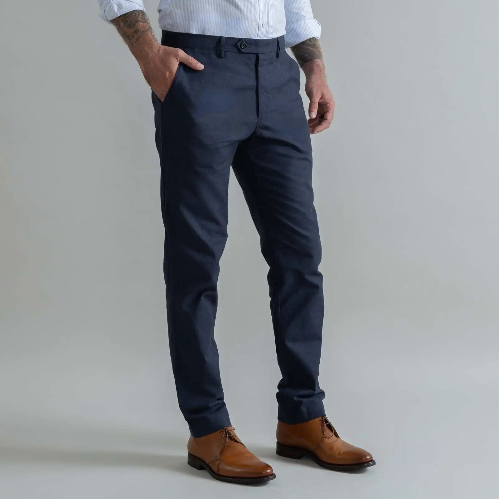 Ledbury Dark Navy Brushed Cotton Richmond Dress Chino Custom Pant — side view showing Richmond fit and tailored silhouette