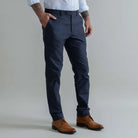 Ledbury Dark Navy Brushed Cotton Richmond Dress Chino Custom Pant — side view showing Richmond fit and tailored silhouette