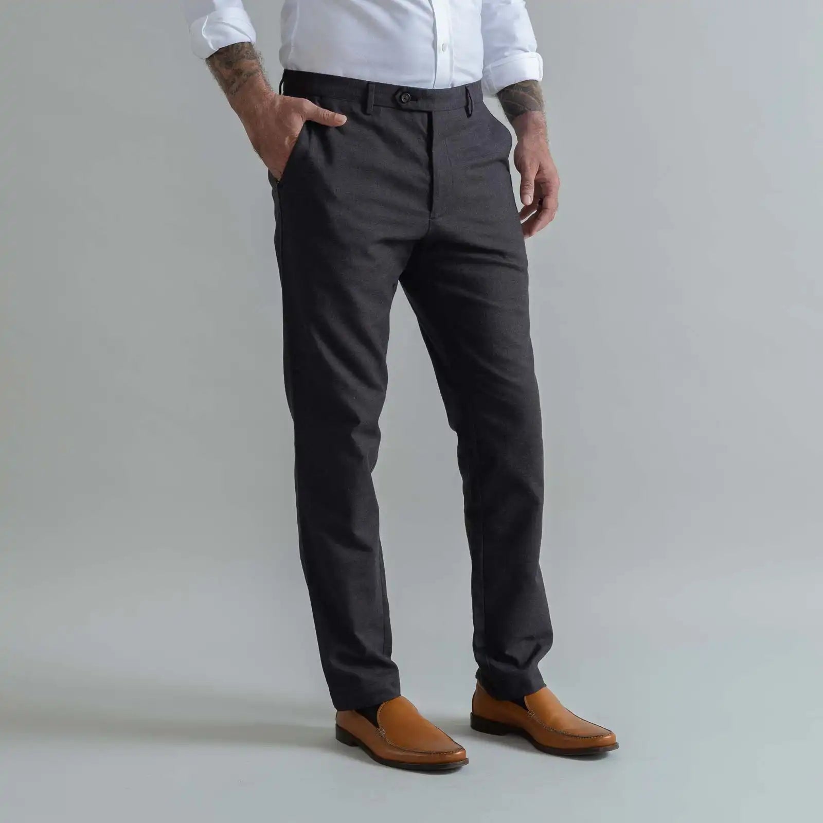 Ledbury Dark Brown Brushed Cotton Richmond Dress Chino Custom Pant — side view showing Richmond fit and tailored silhouette