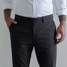 Ledbury Dark Brown Brushed Cotton Richmond Dress Chino Custom Pant — close-up of front pockets and extended front closure