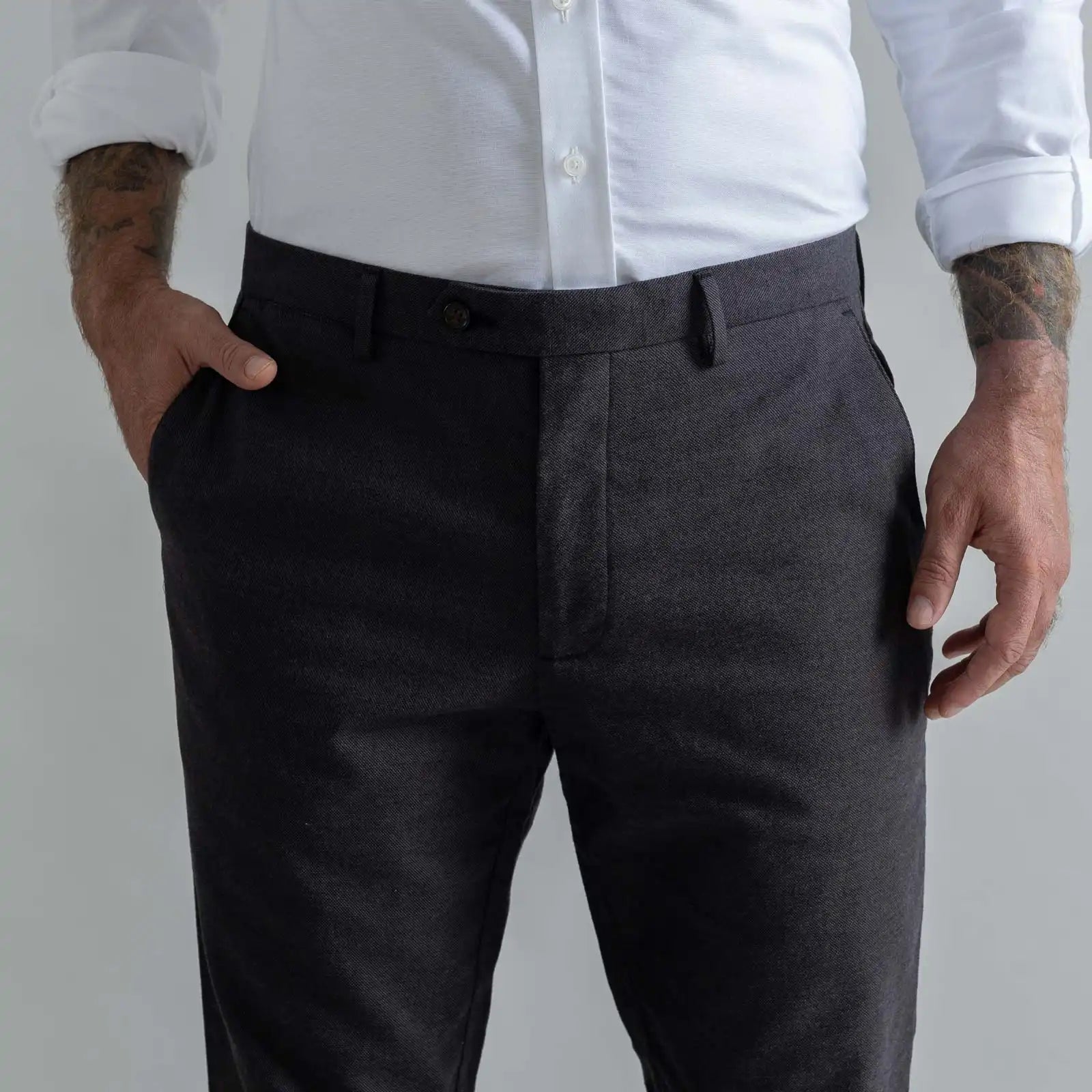 Ledbury Dark Brown Brushed Cotton Richmond Dress Chino Custom Pant — close-up of front pockets and extended front closure