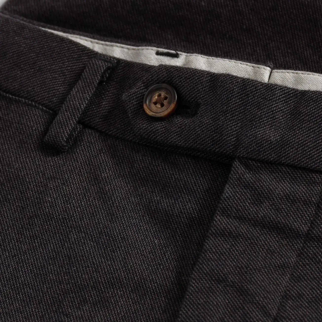 Ledbury Dark Brown Brushed Cotton Richmond Dress Chino Custom Pant — view showing extended button front closure detail