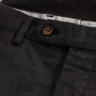 Ledbury Dark Brown Brushed Cotton Richmond Dress Chino Custom Pant — view showing extended button front closure detail