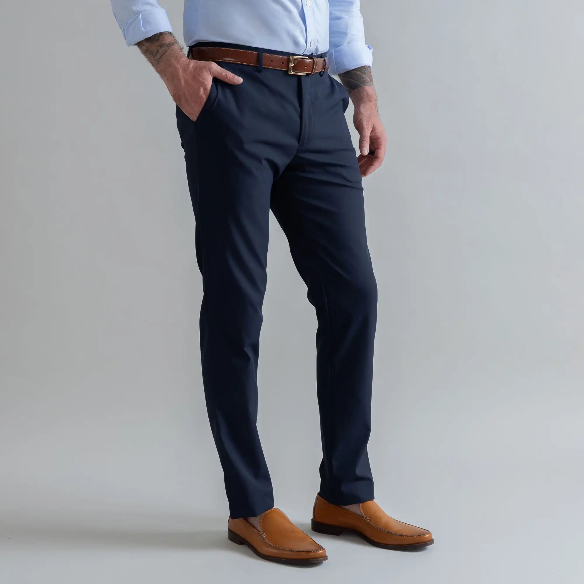 Ledbury Navy Performance Richmond Sport Chino Custom Pant — side view showing tailored Richmond fit and clean silhouette