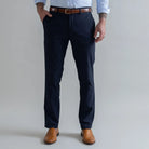 Ledbury Navy Performance Richmond Sport Chino Custom Pant — full front view, moisture-wicking advanced polyester, made to order