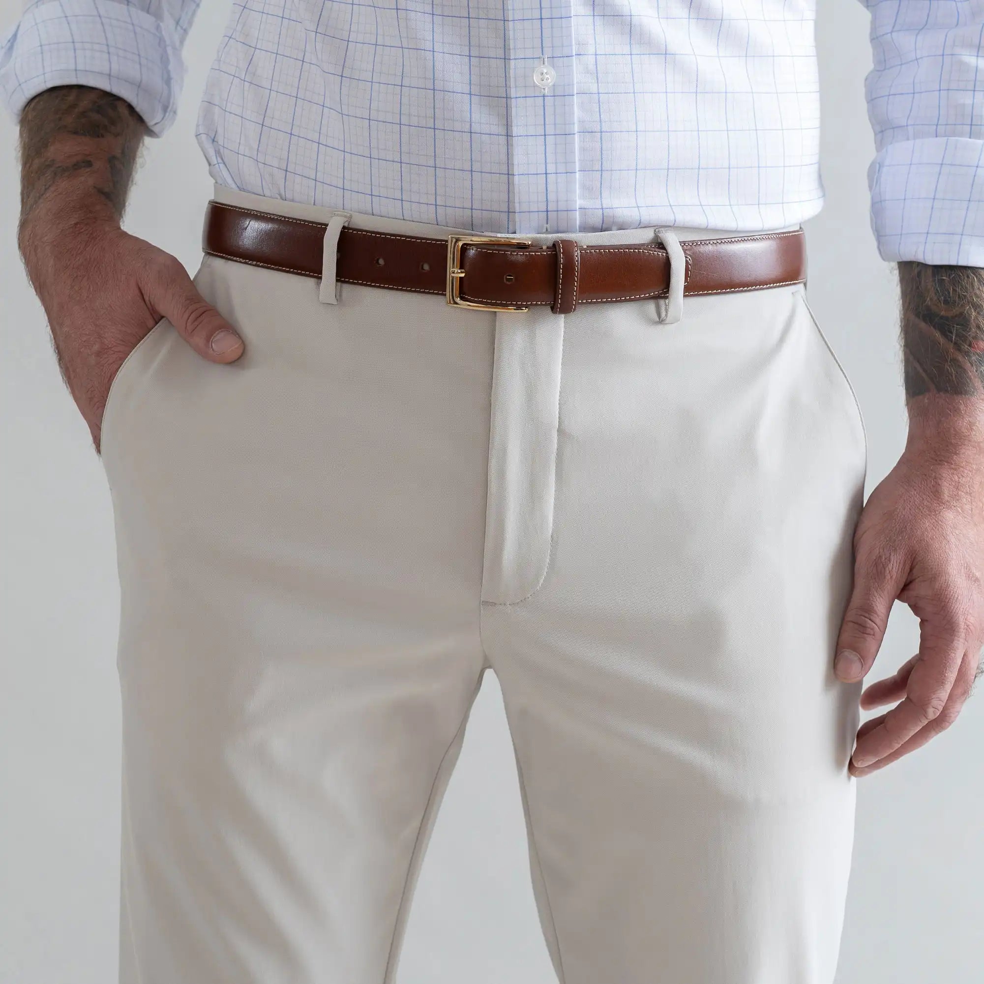 Ledbury Light Khaki Performance Richmond Sport Chino Custom Pant — pocket front view showing tailored Richmond fit and clean silhouette