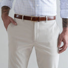 Ledbury Light Khaki Performance Richmond Sport Chino Custom Pant — pocket front view showing tailored Richmond fit and clean silhouette