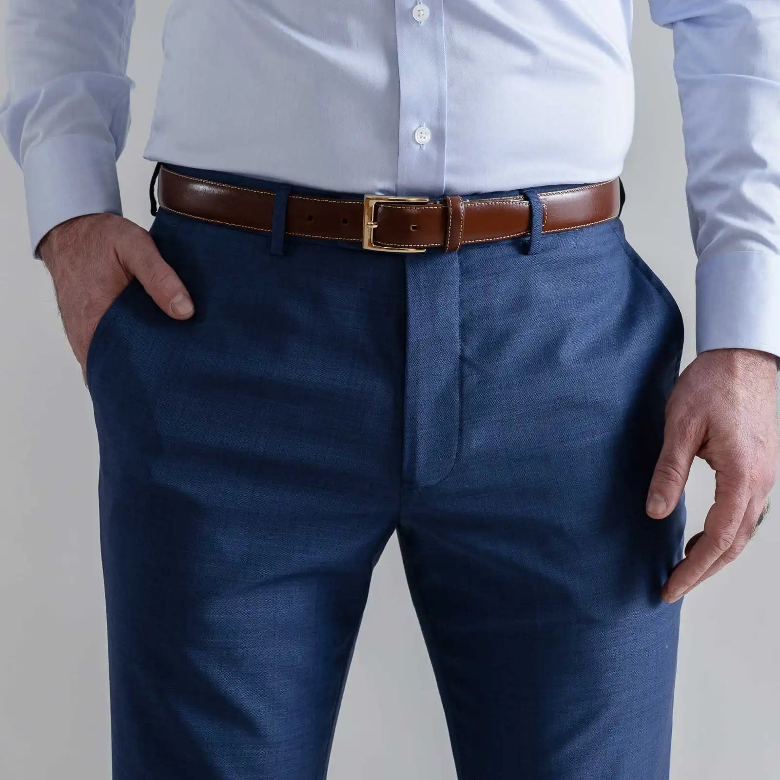 Ledbury Blue Richmond Custom Dress Pant — close up view showing Richmond fit and tailored silhouette
